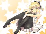  ahoge artoria_pendragon_(all) blonde_hair bow fate/grand_order fate/stay_night fate/unlimited_codes fate_(series) gloves green_eyes hair_bow high_heels kotomitsu pantyhose ponytail saber saber_lily sleeveless smile solo 