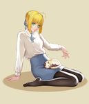  absurdres ahoge animal animal_on_lap arm_support artoria_pendragon_(all) bad_id bad_pixiv_id bangs beige_background black_legwear blonde_hair blue_neckwear blue_ribbon blue_skirt braid calico cat cat_on_lap closed_mouth collared_shirt eyebrows eyebrows_visible_through_hair fate/stay_night fate_(series) full_body green_eyes hair_bun hair_ribbon high-waist_skirt highres leaning_back long_sleeves looking_at_viewer neck_ribbon no_shoes outstretched_arm pantyhose pencil_skirt revision ribbon saber shirt sidelocks sitting skirt sleeping smile solo wariza white_shirt zhano_kun 