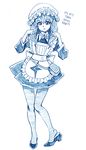  aoki_hagane_no_arpeggio apron bag bbb_(friskuser) hard_translated highres long_hair maid maid_cap maid_hat monochrome pantyhose pose shoe_dangle standing translated vampire_(aoki_hagane_no_arpeggio) 