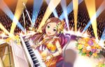  artist_request breasts brown_hair choker cleavage dress fingerless_gloves flower gloves idolmaster idolmaster_cinderella_girls idolmaster_cinderella_girls_starlight_stage instrument lipstick long_hair looking_at_viewer makeup matsuyama_kumiko medium_breasts microphone music official_art open_mouth piano playing_instrument playing_piano singing sitting smile solo 