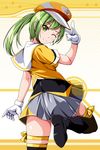  ;) arm_at_side arm_up baseball_cap beatmania beatmania_iidx black_footwear blush boots closed_mouth clothes_writing copyright_name eyebrows eyebrows_visible_through_hair from_behind gloves green_eyes green_hair grey_skirt hat highres kitami_erika leg_up long_hair looking_back matsunaga_kouyou one_eye_closed pleated_skirt ponytail pose sailor_collar shirt short_sleeves skin_tight skirt smile solo standing standing_on_one_leg thigh_boots thigh_strap thighhighs white_gloves yellow_shirt 