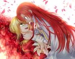  blonde_hair blue_eyes boudica_(fate/grand_order) clenched_teeth fate/extra fate/grand_order fate_(series) flower green_eyes long_hair multiple_girls nakamura_hinato nero_claudius_(fate) nero_claudius_(fate)_(all) open_mouth petals red_hair smile strangling tears teeth 