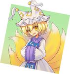  animal_ears blonde_hair fox_ears fox_tail girotin_ginza hands_in_opposite_sleeves hat long_sleeves multiple_tails pillow_hat short_hair solo tabard tail touhou wide_sleeves yakumo_ran yellow_eyes 