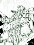  2boys autobot cannon carly_(transformers) frog hound_(transformers) kamizono_(spookyhouse) long_hair machinery mecha monochrome multiple_boys rain sitting smile spike_witwicky standing transformers weapon 