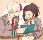  1girl black_eyes black_hair blush boku_no_hero_academia book brown_eyes long_hair long_sleeves necktie open_book open_mouth pencil red_hair school_uniform short_hair studying todoroki_shouto u.a._school_uniform white_hair xi_yuu yaoyorozu_momo 