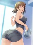  :p arched_back ass bare_arms bare_shoulders black_shorts breasts brown_eyes brown_hair cowboy_shot eyebrows eyebrows_visible_through_hair from_behind highres holding large_breasts looking_back open_mouth original shinon_(tokage_shuryou) short_hair short_shorts shorts solo tank_top thighs tongue tongue_out water_boiler window 