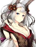  animal_ears bangs blue_eyes blunt_bangs bow breasts cleavage closed_mouth collarbone detached_sleeves erune expressionless flower fur_trim granblue_fantasy hair_flower hair_ornament highres large_breasts long_hair looking_at_viewer looking_to_the_side oyu_(sijimisizimi) side_cutout sideboob silver_hair socie_(granblue_fantasy) solo upper_body 