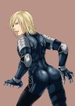  androgynous ass atsushi_himuro back blonde_hair blue_eyes bodysuit clenched_teeth from_behind looking_at_viewer male_focus metal_gear_(series) metal_gear_solid_2 raiden shiny_clothes simple_background solo sweat sweatdrop thigh_strap 