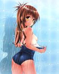  ass blush breasts brown_hair flat_ass long_hair nipples one-piece_swimsuit one-piece_tan school_swimsuit shadow showering small_breasts solo swimsuit tamanegi_(genpi) tan tanline to_love-ru wet yuuki_mikan 