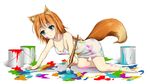  all_fours animal_ears arm_support bandaid bandaids_on_nipples bare_arms bare_legs bare_shoulders barefoot blush braid breasts collarbone dress eyebrows eyebrows_visible_through_hair fox_ears fox_tail full_body holding_brush long_hair multicolored multicolored_clothes multicolored_dress nakareki original paint_can paintbrush pasties simple_background single_braid sleeveless sleeveless_dress small_breasts solo sundress tail weapon 