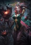  alternate_costume alternate_hair_color breasts cglas cleavage elderwood_leblanc emilia_leblanc feathers flower forest gauntlets gem head_feathers large_breasts league_of_legends nature navel outdoors pale_skin parted_lips plant red_hair solo staff standing 