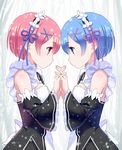  blue_eyes blue_hair commentary_request detached_sleeves eye_contact eyebrows eyebrows_visible_through_hair from_side hair_ornament hair_ribbon holding_hands interlocked_fingers looking_at_another maid maid_headdress multiple_girls pink_eyes pink_hair profile ram_(re:zero) re:zero_kara_hajimeru_isekai_seikatsu red_ribbon rem_(re:zero) ribbon short_hair siblings sisters twins x_hair_ornament yasuyuki 