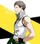  alternate_costume brown_hair character_name egawa_satsuki from_side hand_on_hip idolmaster idolmaster_side-m male_focus muscle parted_lips purple_eyes shingen_seiji sleeveless solo 