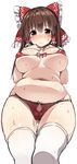  3: 5240mosu_(style) absurdres adapted_costume arms_behind_back ass_visible_through_thighs belly benjamin_button_suukina_jinsei bikini blush bow breasts brown_eyes brown_hair closed_mouth collarbone cookie_(touhou) covered_nipples cowboy_shot fat_folds from_below front-tie_top frown hair_bow hair_tubes hakurei_reimu hands_on_own_chest highres kanna_(cookie) large_bow large_breasts looking_at_viewer looking_down micro_bikini midriff navel parody plump red_bikini red_bow red_ribbon ribbon shiny shiny_skin sidelocks simple_background solo standing stomach style_parody sweat swimsuit tears thigh_gap thighhighs thighs touhou underboob white_background white_legwear 