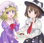  ama-tou blonde_hair brown_hair coffee cup dress hat hat_ribbon juliet_sleeves long_sleeves looking_at_viewer maribel_hearn mob_cap multiple_girls necktie open_mouth puffy_sleeves purple_dress purple_eyes ribbon shirt skirt smile star teacup touhou usami_renko 