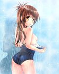  ass blush breasts brown_hair flat_ass long_hair nipples one-piece_swimsuit school_swimsuit shadow showering small_breasts solo swimsuit tamanegi_(genpi) to_love-ru wet yellow_eyes yuuki_mikan 