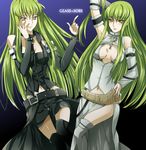  armpits belt black_legwear black_skirt boots breasts c.c. cleavage code_geass detached_sleeves green_hair hand_on_hip highres kokuchi long_hair medium_breasts multiple_girls navel open_clothes skirt thigh_boots thighhighs white_background yellow_eyes 