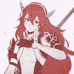  arm_up armband armor armpits closed_mouth detached_sleeves fire_emblem fire_emblem_if gloves hair_between_eyes hairband head_tilt head_wings holding holding_staff japanese_clothes kimono koyorin limited_palette lips long_hair long_sleeves looking_at_viewer matoi_(fire_emblem_if) pink_background red red_eyes red_hair shoulder_pads simple_background sleeveless sleeveless_kimono solo staff 