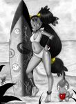  apple axew barefoot beach bikini female full_body iris_(pokemon) monochrome outdoors poke_ball pokemon pokemon_(anime) pokemon_bw sky smile spot_color standing surfboard swimsuit todd_l._milhouse very_long_hair 