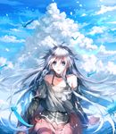  ahoge bare_shoulders blue_eyes braid choker cloud day feathers fuuna_(conclusion) highres ia_(vocaloid) long_hair off_shoulder silver_hair single_thighhigh sky solo thighhighs twin_braids very_long_hair vocaloid 