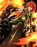  absurdres alastor_(shakugan_no_shana) black_legwear brown_eyes green_skirt highres holding holding_sword holding_weapon long_hair open_mouth outdoors red_hair shakugan_no_shana shana skirt skyneko solo sword thighhighs weapon 