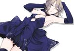  argyle_cutout armpits artoria_pendragon_(all) bangs bare_shoulders blonde_hair blue_dress blue_gloves breasts choker cowboy_shot dress eyebrows eyebrows_visible_through_hair eyes_visible_through_hair fate/grand_order fate/stay_night fate_(series) frills gloves hair_between_eyes hair_ribbon halterneck hands_up hita_(hitapita) lying on_back parted_lips ribbon saber_alter simple_background sleeveless sleeveless_dress small_breasts solo thighhighs yellow_eyes 