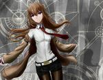  belt black_legwear black_shorts brown_hair brown_jacket jacket legwear_under_shorts long_hair makise_kurisu necktie open_clothes open_jacket pantyhose pantyhose_under_shorts purple_eyes red_neckwear shirt short_shorts shorts solo steins;gate tanikku white_shirt 