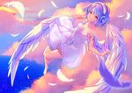  angel_wings arm_up bare_arms bare_legs bare_shoulders barefoot blue_hair breasts cleavage closed_mouth collarbone dress eyelashes feathered_wings feathers flying from_above full_body gradient_hair hand_in_hair headphones hyanna-natsu looking_at_viewer looking_up medium_breasts multicolored_hair off_shoulder orange_eyes orange_hair original outdoors ribbon short_hair sleeveless sleeveless_dress smile solo strap_slip sundress tareme white_dress white_feathers white_ribbon white_wings wings 