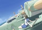  aircraft airplane angry ayanami_(kantai_collection) barefoot black_hair blurry cleaning cleaning_brush commentary day depth_of_field dutch_angle flying_boat fubuki_(kantai_collection) h8k hand_on_hip horizon kantai_collection ladder long_hair looking_at_another miyuki_(kantai_collection) multiple_girls ocean on_vehicle school_uniform seaplane serafuku shikinami_(kantai_collection) short_hair shouting side_ponytail sitting sky towel vent_arbre water 