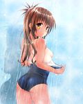  ass blush breasts brown_hair flat_ass long_hair nipples one-piece_swimsuit one-piece_tan school_swimsuit shadow showering small_breasts solo swimsuit tamanegi_(genpi) tan tanline to_love-ru wet yellow_eyes yuuki_mikan 