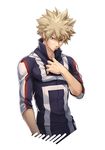  bad_id bad_pixiv_id bakugou_katsuki blonde_hair boku_no_hero_academia gym_uniform lips looking_at_viewer male_focus pout red_eyes simple_background solo spiked_hair u.a._gym_uniform upper_body wewomnanana white_background 