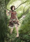  2016 arm_support armor barefoot black_eyes black_hair blush breastplate dappled_sunlight final_fantasy final_fantasy_xi flower forest highres hume in_tree leaf light_smile looking_at_viewer morere najelith nature no_hat no_headwear short_hair shoulder_armor signature solo spaulders stick sunlight tree tree_branch 