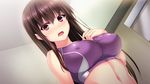  aldehyde blush breasts brown_hair covered_nipples game_cg hand_on_own_chest large_breasts long_hair looking_at_viewer nama_love open_mouth red_eyes solo sports_bra toono_mafuyu upper_body 