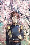  axis_powers_hetalia cherry_blossoms epaulettes japan_(hetalia) male_focus military military_uniform purple_eyes solo sumi_tooru tree uniform 