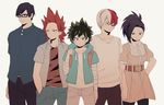  4boys bandaged_arm bandages bandaid_on_forehead belt black-framed_eyewear black_eyes black_hair boku_no_hero_academia buckle burn_scar collarbone glasses hand_in_pocket iida_tenya kirishima_eijirou long_hair midoriya_izuku multicolored_hair multiple_boys pants ponytail red_eyes red_hair scar short_hair skirt spiked_hair todoroki_shouto two-tone_hair white_hair xi_yuu yaoyorozu_momo 