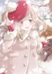  1girl absurdres animal animal_on_shoulder arm_at_side arm_up bare_tree bench beret blurry blush breath brown_eyes coat commentary_request day depth_of_field fur-trimmed_collar fur-trimmed_sleeves fur_trim gloves hat head_tilt highres hoshiibara_mato long_hair long_sleeves looking_at_viewer open_mouth original outdoors overcast park_bench pom_pom_(clothes) red_gloves red_hat red_skirt silver_hair skirt snow snowing solo squirrel tree upper_body winter winter_clothes winter_coat 