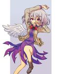  bow bowtie dress girotin_ginza jacket jpeg_artifacts kishin_sagume leg_up long_sleeves open_clothes purple_dress red_eyes shirt short_dress short_hair silver_hair single_wing solo touhou wings 