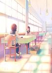  bag basket brown_hair cake chair commentary cup drinking food hair_ribbon highres indoors light_bulb long_hair looking_at_another multiple_girls original plate restaurant ribbon saucer scenery school_bag school_uniform serafuku shinobu_(kobanatu) sitting slice_of_cake sunlight table tablecloth teacup texture twintails window 