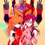  bodysuit double_v eva_02 eva_08 eva_08+02 evangelion:_3.0_you_can_(not)_redo eyepatch makinami_mari_illustrious multiple_girls neon_genesis_evangelion pink_bodysuit plugsuit rebuild_of_evangelion shikinami_asuka_langley souryuu_asuka_langley v white-ower 