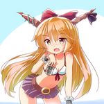  beer_can bent_over bikini bikini_top blush bow breasts can cleavage collarbone eyebrows eyebrows_visible_through_hair fang frills hair_between_eyes hair_bow holding horn_ribbon horns ibuki_suika long_hair lowres microskirt midriff navel oni orange_eyes orange_hair pleated_skirt purple_ribbon purple_skirt red_bow ribbon ryogo simple_background skirt small_breasts soda_can solo stomach swimsuit touhou two-tone_background white_bikini wrist_cuffs 