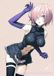  armor black_legwear blue_eyes blue_gloves blush breasts elbow_gloves fate/grand_order fate_(series) gloves hair_over_one_eye konoe_ototsugu mash_kyrielight medium_breasts navel parted_lips purple_hair short_hair solo thighhighs 