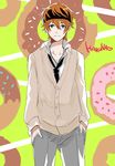  character_name cowboy_shot doughnut food green_eyes hands_in_pockets headband idolmaster idolmaster_side-m kunimitsu male_focus orange_hair smile solo sweatband wakazato_haruna 