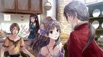  3girls absurdres atelier_(series) atelier_totori black_eyes black_hair brown_hair cecilia_helmold closed_eyes collarbone guid_helmold hair_ornament highres indoors kishida_mel kitchen long_hair multiple_girls official_art open_mouth ponytail short_hair smile totooria_helmold 