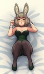  animal_ear_fluff animal_ears bare_shoulders bed_sheet bell bell_choker blush breasts bunny_ears bunnysuit choker eyebrows eyebrows_visible_through_hair grey_hair jingle_bell large_breasts looking_at_viewer lying monorus on_back pantyhose sekaiju_no_meikyuu sekaiju_no_meikyuu_5 short_hair solo therian_(sekaiju) triangle_mouth wrist_cuffs yellow_eyes 