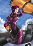  armor blue_eyes bodysuit breasts canopy cloud cockpit condensation_trail day ex-gear hand_in_hair helmet highres large_breasts macross macross_delta mecha mirage_farina_jenius open_cockpit pilot_suit pink_bodysuit pointy_ears power_suit purple_bodysuit purple_hair realistic science_fiction solo spacesuit uniform variable_fighter vf-31 vf-31c yand 