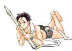  :&lt; animal animal_on_shoulder ass barefoot black_hair blush boxer_briefs crossed_legs dragon_print feet ferret from_side full_body holding hose idolmaster idolmaster_side-m kimura_ryuu legs_up looking_at_viewer lying male_focus male_underwear on_stomach red_eyes shirtless simple_background solo spiked_hair the_pose underwear underwear_only watch wet white_background wristwatch youhe_hino 