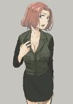  azumi_(girls_und_panzer) bangs bare_legs breasts cleavage girls_und_panzer green_eyes hand_on_own_chest highres kani_aruki_(bucket_crawl) large_breasts leaning_forward looking_at_viewer military military_uniform open_collar open_mouth parted_bangs pencil_skirt red_hair selection_university_military_uniform short_hair skirt solo uniform 