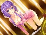  blue_eyes blush book breasts cleavage forest naked_shirt navel original purple_hair scan tree yuuki_hagure 