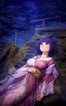  black_hair breasts cloud cloudy_sky enmusubi_gakuen floral_print ibuki_notsu japanese_clothes kimono large_breasts lying moss obi official_art on_back overgrown red_eyes rooftop ruins sash short_hair sky solo torii torn_clothes torn_kimono torn_sleeves 