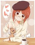  bandaged_head bandages bandaid bandaid_on_forehead bangs beret blunt_bangs brown_eyes brown_hair cbgb coffee coffee_mug commentary_request cup earrings girls_und_panzer glasses hat heart highres jewelry mug nishizumi_miho pajamas smile solo spoken_heart stuffed_animal stuffed_toy teddy_bear watch wristwatch 